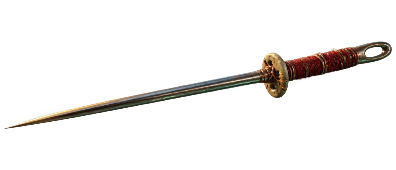Tombak dari jarum jahit baja, gagangnya dililit benang merah dan kawat tembaga dengan kancing tulang sebagai pelindung tangan